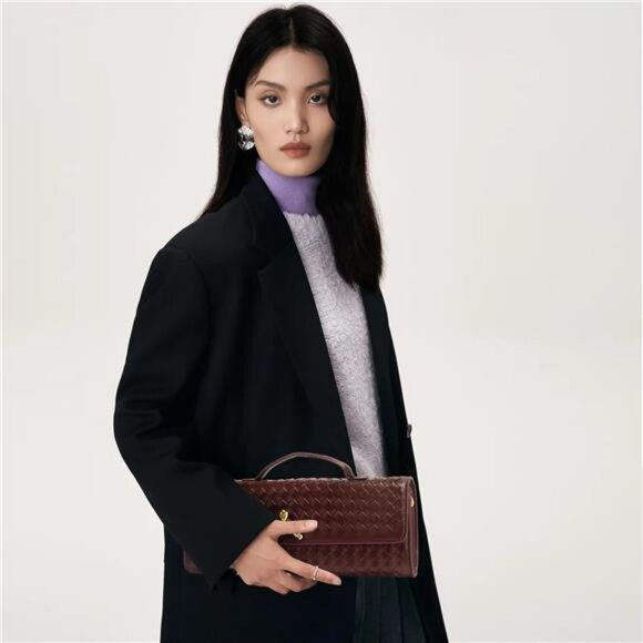 Dark Brown Woven faux leather clutch purse bag with removable straps